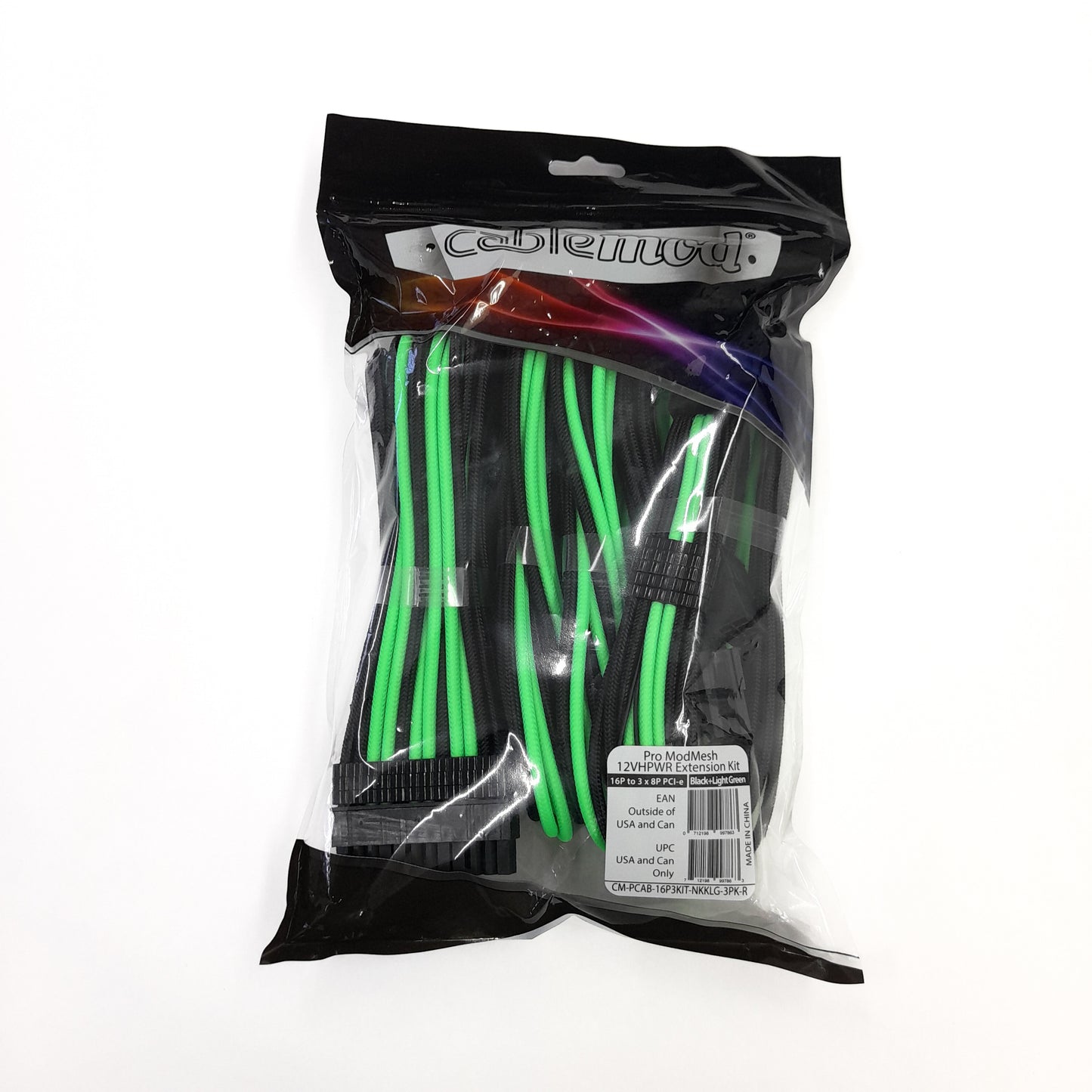 Kit de extensión de cable Cablemod Pro 12VHPWR  (Black + Light Green, 16-pin to Triple 8-pin)